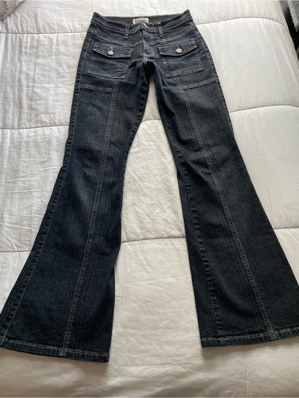 Y2K Low Rise Dark Wash Flare Jeans Flap Pockets 2 Bratz Party Going Out Vintage